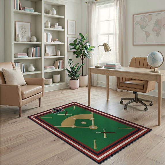 ODIKA 4'x6' Washable Area Rug Baseball Field Sport Scoreboard Design With Diamond Center And Striped Border for Bedroom, Reading Nook, Pet Friendly & Non-Shedding