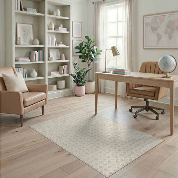 ODIKA 4'x6' Washable Area Rug Beige Boho Neutral Artwork Traditional Ornamental Repeating Print for Home Office, Under Desk, Non-Slip Chair-Friendly, Flatwoven