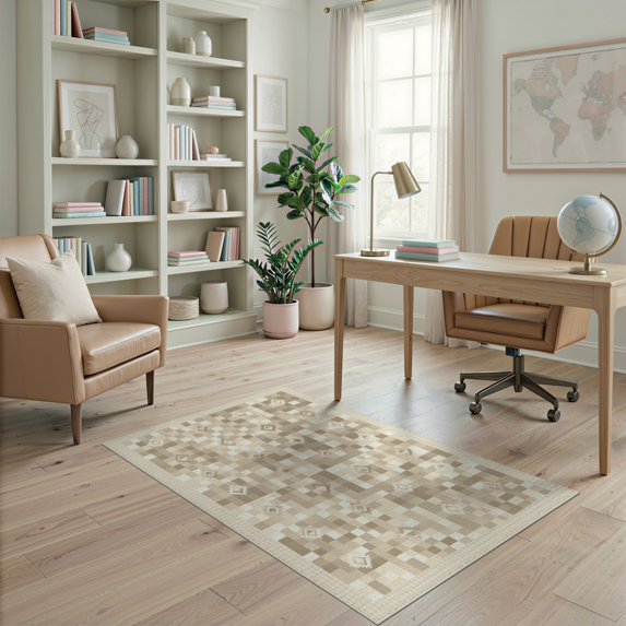 ODIKA 4'x6' Washable Area Rug Beige Plaid Motif Checkered Block Print Geometric Neutral Tone for Dorm Room, Small Living Stain Resistant Low Profile, Easy Care