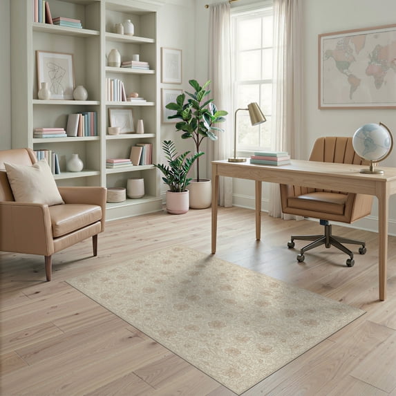 ODIKA 4'x6' Washable Area Rug Beige Symmetrical Botanical Ornamental Featuring Interlocking for Home Office, Under Desk, Non-Slip Chair-Friendly, Flatwoven