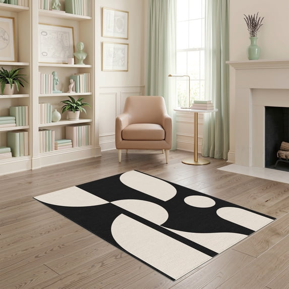 ODIKA 4'x6' Washable Area Rug Black Cream Geometric Balance Artistic Design Elegant Symmetry in Minimalist Abstract for Home Office, Under Desk, Non-Slip Chair-Friendly, Flatwoven