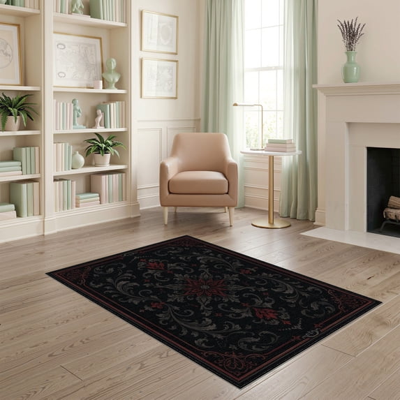 ODIKA 4'x6' Washable Area Rug Black Red Elegant Floral Symphony Design Intricate Scrollwork with Central Medallion Motif for Home Office, Under Desk, Non-Slip Chair-Friendly, Flatwoven