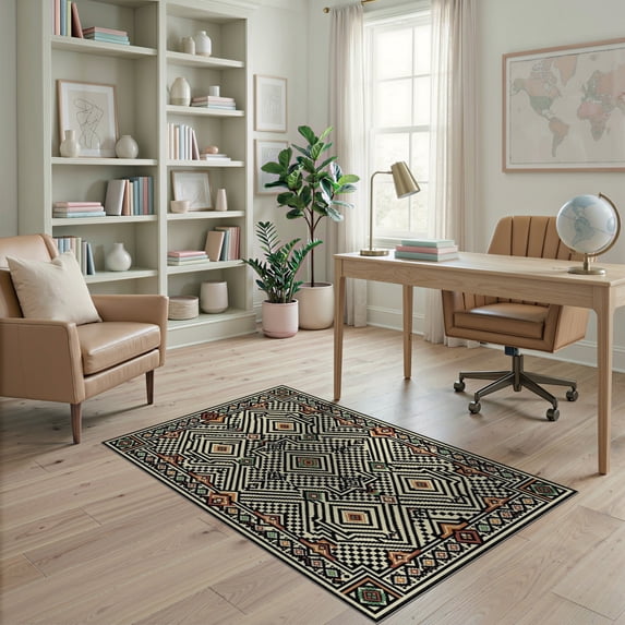 ODIKA 4'x6' Washable Area Rug Boho Checkered Maze Emblems Classroom Dining Large Geometric Flowing Dynamic for Home Office, Under Desk, Non-Slip Chair-Friendly, Flatwoven