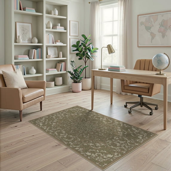 ODIKA 4'x6' Washable Area Rug Boho Ornamental Scroll Faded Center Distressed Border Vintage Flowing Dynamic for Dorm Room, Small Living Stain Resistant Low Profile, Easy Care