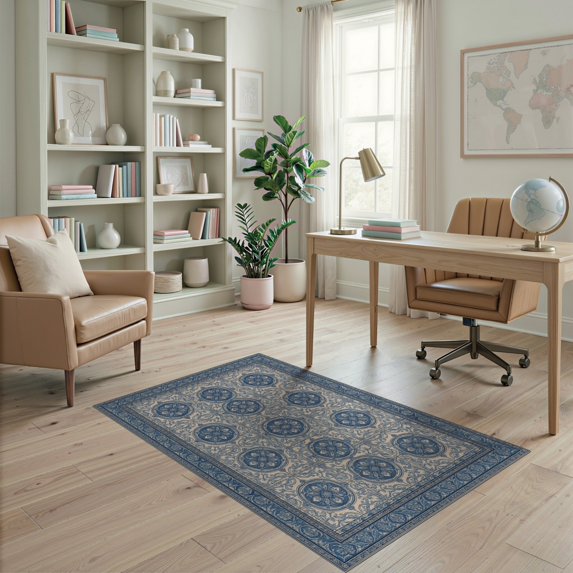 ODIKA 4'x6' Washable Area Rug Boho Scroll Bordered Distressed Geometric Border Beige Vintage Refined for Bedroom, Reading Nook, Pet Friendly & Non-Shedding