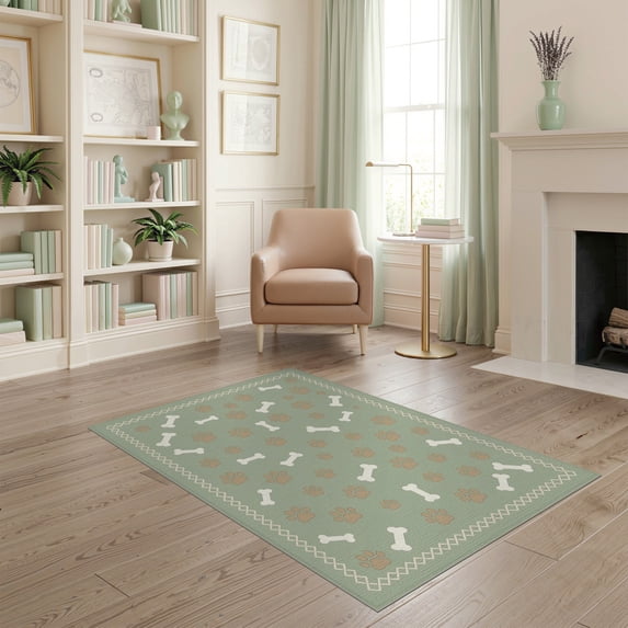 ODIKA 4'x6' Washable Area Rug Cat Paw Print With Whimsical Pet Toss And Diamond Border Dog Flowing Dynamic for Dorm Room, Small Living Stain Resistant Low Profile, Easy Care