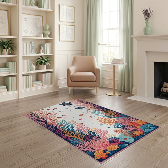 ODIKA 4'x6' Washable Area Rug Coral Ocean with Turtles Design Vibrant Sea Life Motif Fish and Kelp for Home Office, Under Desk, Non-Slip Chair-Friendly, Flatwoven