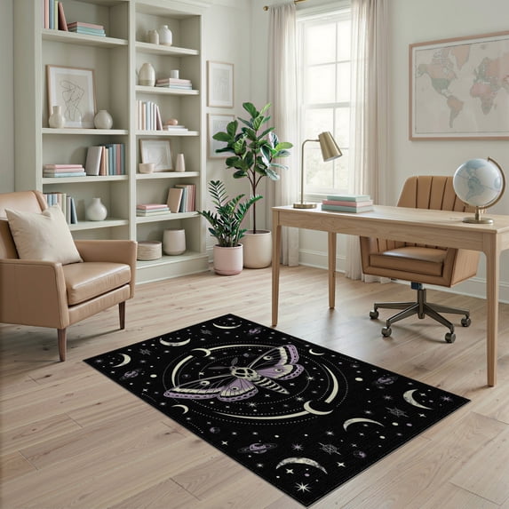 ODIKA 4'x6' Washable Area Rug Death Moth Gothic Mirrored Phase Galaxy Stars Academia Witchy for Home Office, Under Desk, Non-Slip Chair-Friendly, Flatwoven