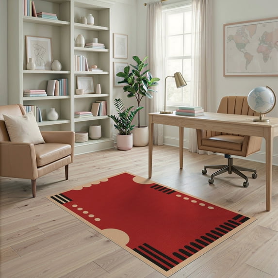 ODIKA 4'x6' Washable Area Rug Deep Red Beige Geometric Art Bold Modernist with Stripes and Circles for Bedroom, Reading Nook, Pet Friendly & Non-Shedding