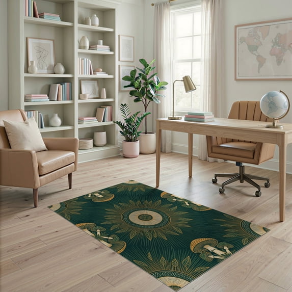 ODIKA 4'x6' Washable Area Rug Dining Under Forest Circular Woodland Theme Radiating Table Mushroom for Bedroom, Reading Nook, Pet Friendly & Non-Shedding