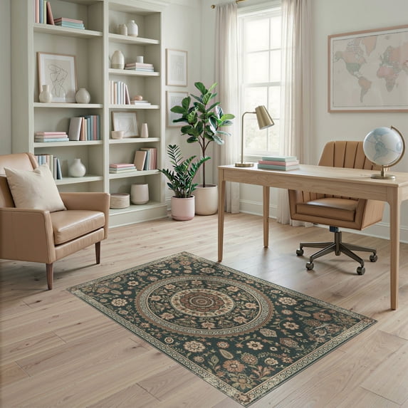 ODIKA 4'x6' Washable Area Rug Dining Under Traditional Concentric Motif Geometric Transitional for Home Office, Desk, Non-Slip Chair-Friendly, Flatwoven