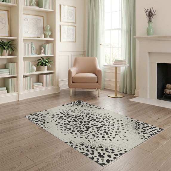 ODIKA 4'x6' Washable Area Rug Distressed Abstract Inspired Boneless Couch Print Spotted Cow Playful Expressive for Bedroom, Reading Nook, Pet Friendly & Non-Shedding