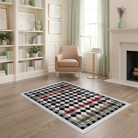 ODIKA 4'x6' Washable Area Rug Door Welcome Gingham Plaid Rotated Checkered Entry Frame Detail for Dorm Room, Small Living Stain Resistant Low Profile, Easy Care