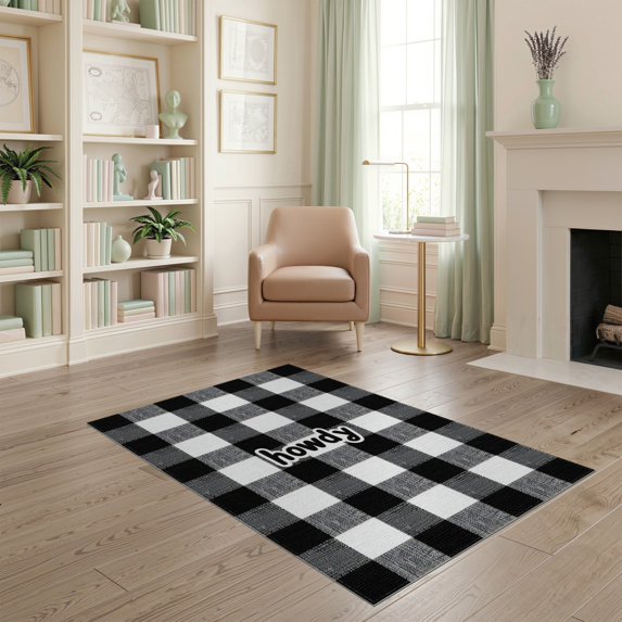 ODIKA 4'x6' Washable Area Rug Door Welcome Plaid Gingham Farmhouse Howdy Lettering Front Layered for Home Office, Under Desk, Non-Slip Chair-Friendly, Flatwoven