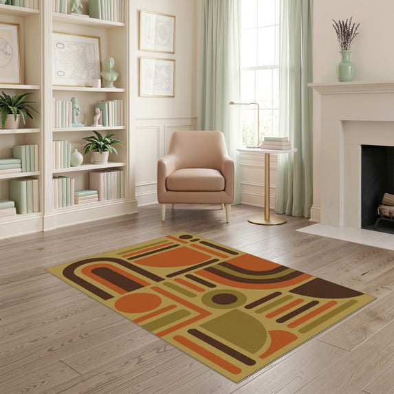 ODIKA 4'x6' Washable Area Rug Earthy Tones Geometric Art Inspired Design Abstract Shapes and Symmetrical for Dorm Room, Small Living Stain Resistant Low Profile, Easy Care