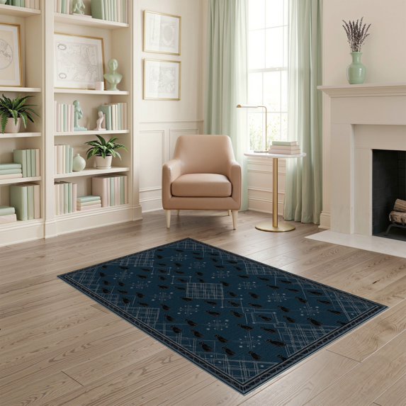 ODIKA 4'x6' Washable Area Rug Gothic Repeating Feline Motif Phase Arch Mystical Goth Minimalist Refined for Home Office, Under Desk, Non-Slip Chair-Friendly, Flatwoven