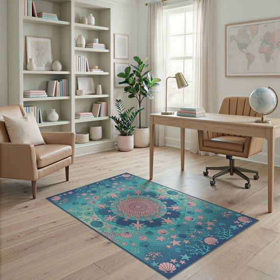 ODIKA 4'x6' Washable Area Rug Gradient Fish Ombre Scale Starfish Seashell Mermaid Flowing Dynamic for Home Office, Under Desk, Non-Slip Chair-Friendly, Flatwoven
