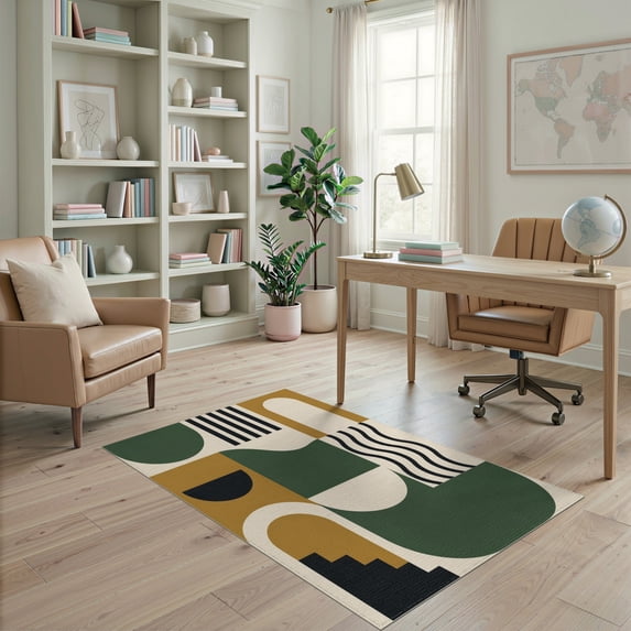 ODIKA 4'x6' Washable Area Rug Green and Mustard Geometric Design Modern ...