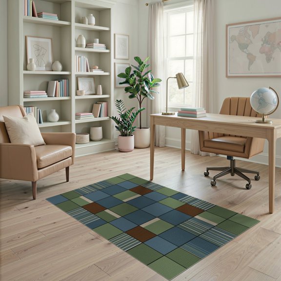 ODIKA 4'x6' Washable Area Rug Hand Hooked Color Block Arrangement Minimalist Border Style for Dorm Room, Small Living Stain Resistant Low Profile, Easy Care