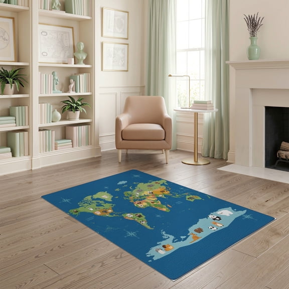 ODIKA 4'x6' Washable Area Rug Large Cartoon Map Featuring Continents Wildlife Compass Playroom for Bedroom, Reading Nook, Pet Friendly & Non-Shedding