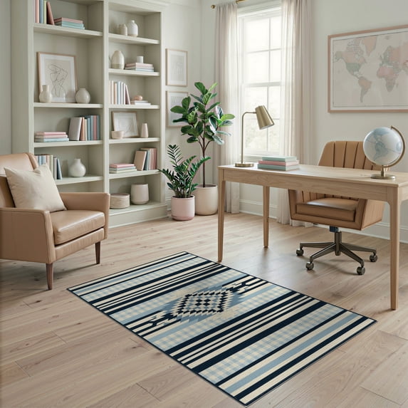 ODIKA 4'x6' Washable Area Rug Layering Navy Cream Checkered Bands Interlocking Entryway Felpudo for Bedroom, Reading Nook, Pet Friendly & Non-Shedding