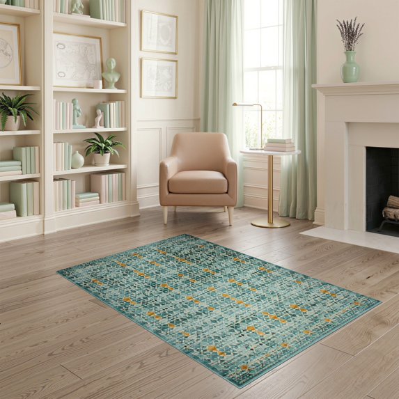 ODIKA 4'x6' Washable Area Rug Mid Atomic Century Motifs Hallway Teal Oushak Coastalbeach Ruags for Dorm Room, Small Living Stain Resistant Low Profile, Easy Care