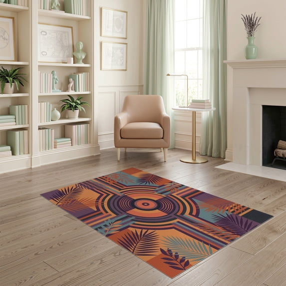 ODIKA 4'x6' Washable Area Rug Mid Century Modern Striped Circular Tropical Sunset Graphics for Dorm Room, Small Living Stain Resistant Low Profile, Easy Care