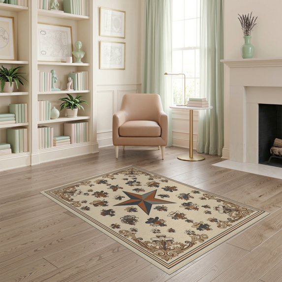 ODIKA 4'x6' Washable Area Rug Motif Cowboy Distressed Round Runway Themed Hooks Flowing Dynamic for Bedroom, Reading Nook, Pet Friendly & Non-Shedding