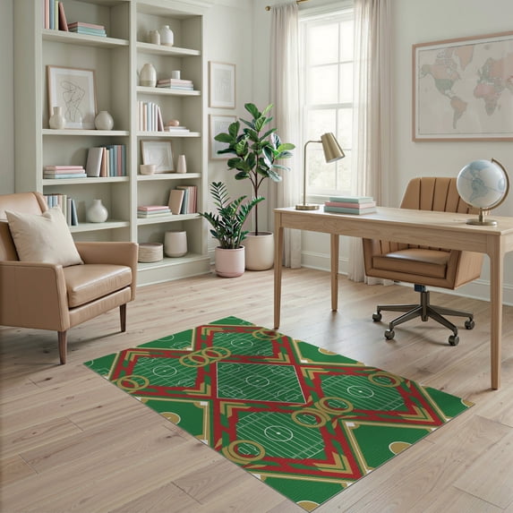 ODIKA 4'x6' Washable Area Rug Motifs Hockey Shaped Artificial Theme Football Soccer Field Playful for Home Office, Under Desk, Non-Slip Chair-Friendly, Flatwoven