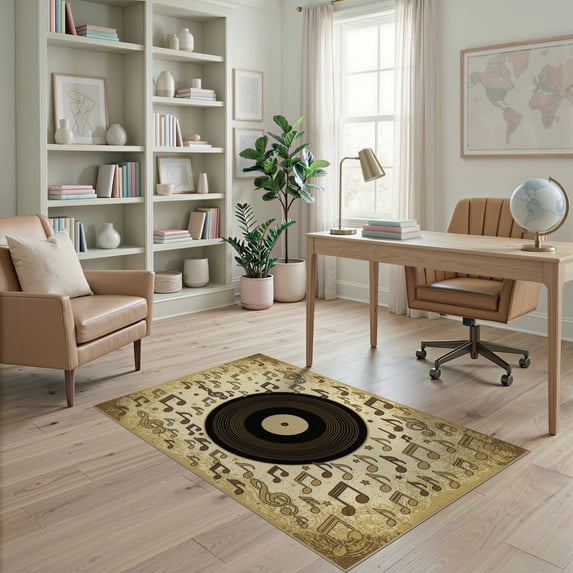 ODIKA 4'x6' Washable Area Rug Music Note Sepia Tone Vinyl Record Retro Sound Motif Round Movie for Dorm Room, Small Living Stain Resistant Low Profile, Easy Care