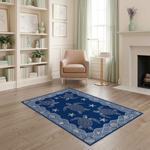 ODIKA 4'x6' Washable Area Rug Nautical Ocean Motif Border Scattered Symmetrical Animals Turtle Refined for Home Office, Under Desk, Non-Slip Chair-Friendly, Flatwoven