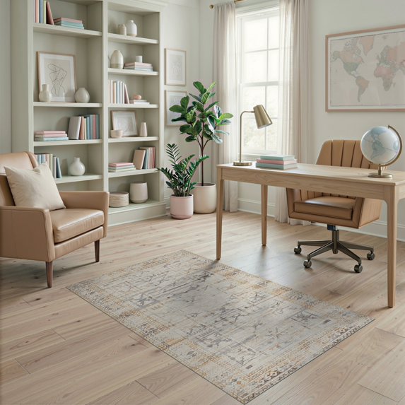 ODIKA 4'x6' Washable Area Rug Neutral Abstract Transitional Interlocking Geometric Shapes Dining for Dorm Room, Small Living Stain Resistant Low Profile, Easy Care