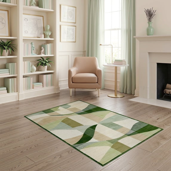 ODIKA 4'x6' Washable Area Rug Non-Slip, Chair-Friendly, Flatwoven Abstract Mid Wave Striped Flowing Gradient Border Cream Orange for Home Office, Under Desk