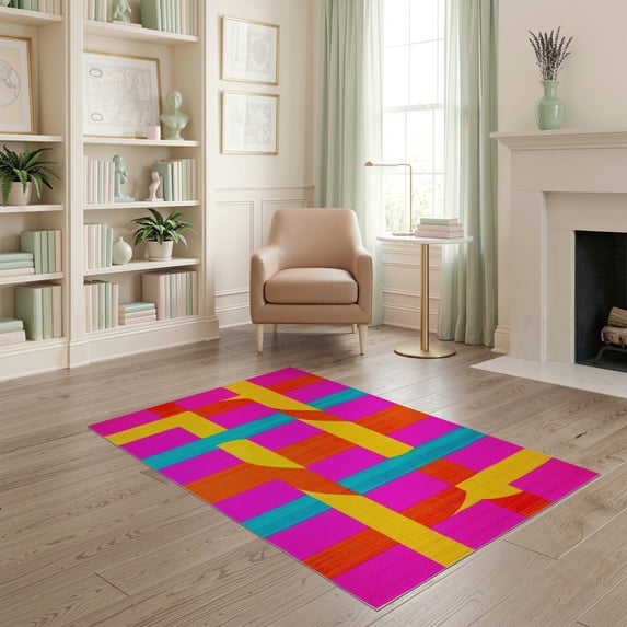 ODIKA 4'x6' Washable Area Rug Non-Slip, Chair-Friendly, Flatwoven Abstract Pink Checkered Grid Wavy Ribbons Swirls Orange for Home Office, Under Desk