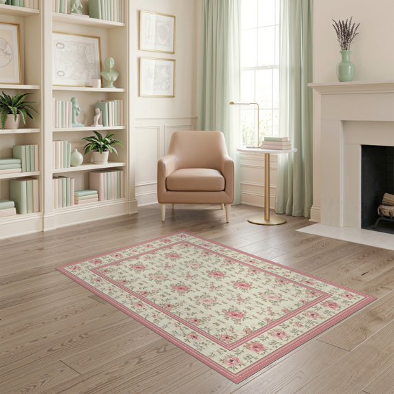 ODIKA 4'x6' Washable Area Rug Non-Slip, Chair-Friendly, Flatwoven Accessories Botanical Sprigs Plaid Backdrop Vintage Vanity Decorations for Home Office, Under Desk