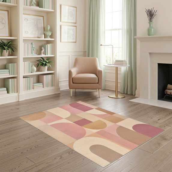 Washable Abstract Shape Rug ODIKA 4'x6' Washable Area Rug Non-Slip, Chair-Friendly, Flatwoven Beige ...