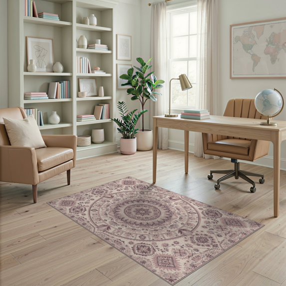 ODIKA 4'x6' Washable Area Rug Non-Slip, Chair-Friendly, Flatwoven Distressed Scrollwork Border Design Featuring Central Boho Motif for Home Office, Under Desk
