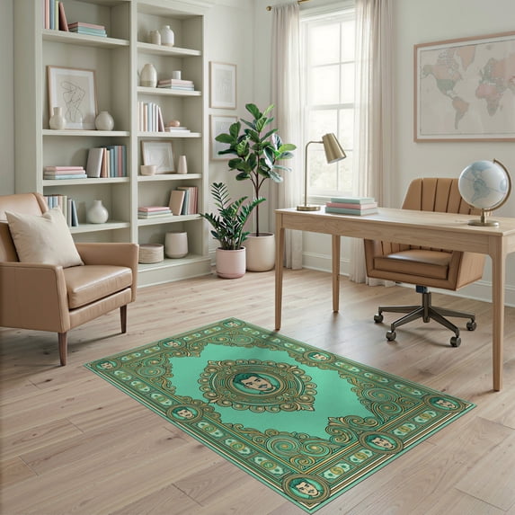 ODIKA 4'x6' Washable Area Rug Non-Slip, Chair-Friendly, Flatwoven Funky Hundred Bill Print With Decorative Border And Graphics for Home Office, Under Desk