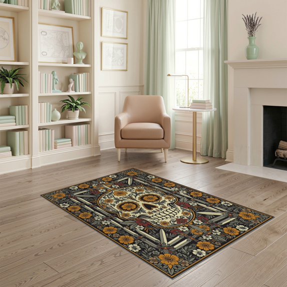ODIKA 4'x6' Washable Area Rug Non-Slip, Chair-Friendly, Flatwoven Gothic Horror Skull Vintage Spooky Halloween Witchy Witch Ghost Flowing Dynamic for Home Office, Under Desk