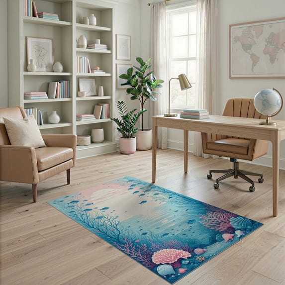 ODIKA 4'x6' Washable Area Rug Non-Slip, Chair-Friendly, Flatwoven Mermaid Gradient Fish Ombre Scale Starfish Seashell for Home Office, Under Desk
