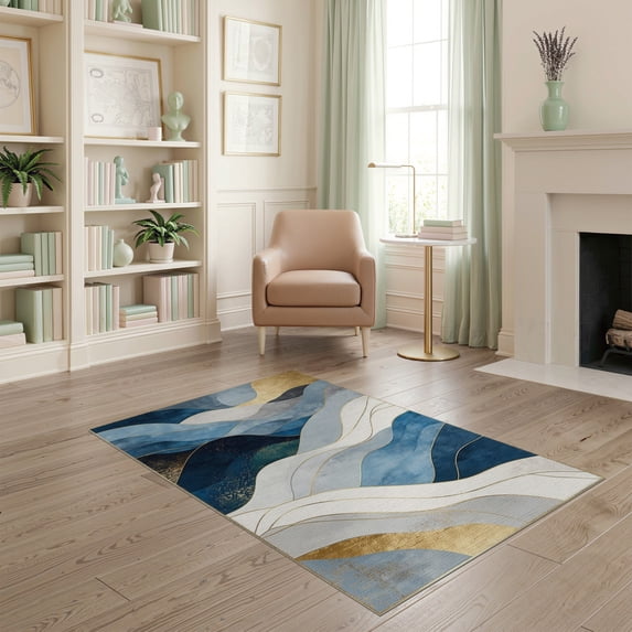 ODIKA 4'x6' Washable Area Rug Non-Slip, Chair-Friendly, Flatwoven Navy Grey Contemporary Ripple Flowing Wave Motifs Abstract Yellow for Home Office, Under Desk