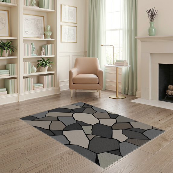 ODIKA 4'x6' Washable Area Rug Non-Slip, Chair-Friendly, Flatwoven Neutral Mosaic Geometric Design Intricate Abstract with Bold Lines for Home Office, Under Desk