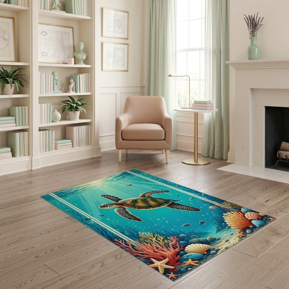 ODIKA 4'x6' Washable Area Rug Non-Slip, Chair-Friendly, Flatwoven Ocean Turtle Main Reef Coral Marine Map Nautical Wave Border for Home Office, Under Desk