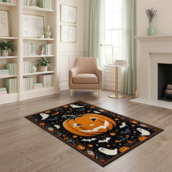 ODIKA 4'x6' Washable Area Rug Non-Slip, Chair-Friendly, Flatwoven Pumpkin Boho Halloween Bat Ghost Folk Spooky Motif Festive Border for Home Office, Under Desk