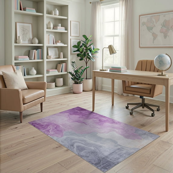 ODIKA 4'x6' Washable Area Rug Non-Slip, Chair-Friendly, Flatwoven Purple Abstract Watercolor Tie Dye Blend Ombre Swirl Gradient for Home Office, Under Desk