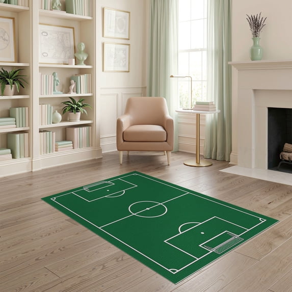 ODIKA 4'x6' Washable Area Rug Non-Slip, Chair-Friendly, Flatwoven Sports Layout With Goal Posts And Penalty Arc Borders Soccer Field Refined for Home Office, Under Desk