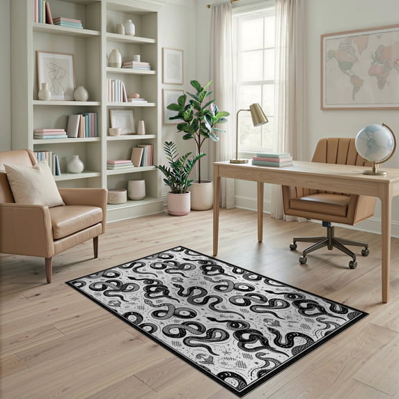 ODIKA 4'x6' Washable Area Rug Non-Slip, Chair-Friendly, Flatwoven Tattoo Aesthetic With Allover Scattered Motif Snake Serpent Vintage Playful for Home Office, Under Desk