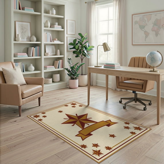 ODIKA 4'x6' Washable Area Rug Non-Slip, Chair-Friendly, Flatwoven Vintage Motif Distressed Farmhouse Border Folk Lettering Primitive Flowing for Home Office, Under Desk