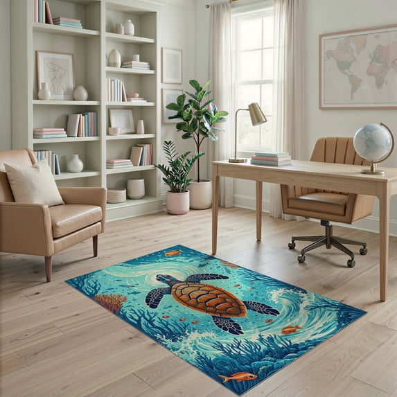 ODIKA 4'x6' Washable Area Rug Ocean Turtle Main Coral Reef Wave Map Nautical Border Compass for Dorm Room, Small Living Stain Resistant Low Profile, Easy Care