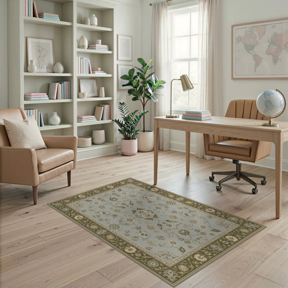 ODIKA 4'x6' Washable Area Rug Olive Green Floral Elegance Symmetrical Design Intricate Blossom Motifs for Bedroom, Reading Nook, Pet Friendly & Non-Shedding